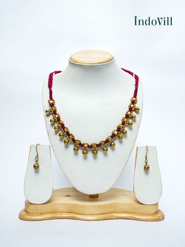Dhokra Brass Beaded Black Toned Necklace | Bindu - Maroon