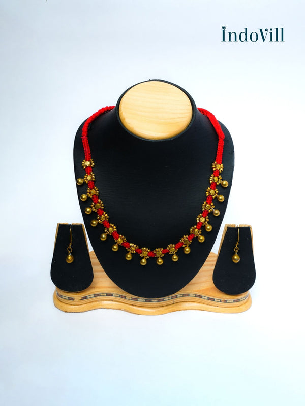Dhokra Brass Beaded Black Toned Necklace | Bindu - Red
