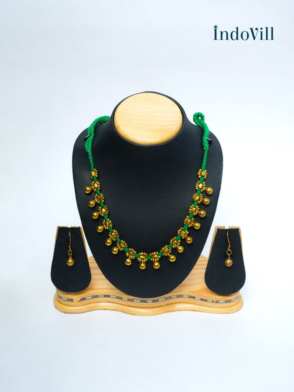 Dhokra Brass Beaded Black Toned Necklace | Bindu - Green