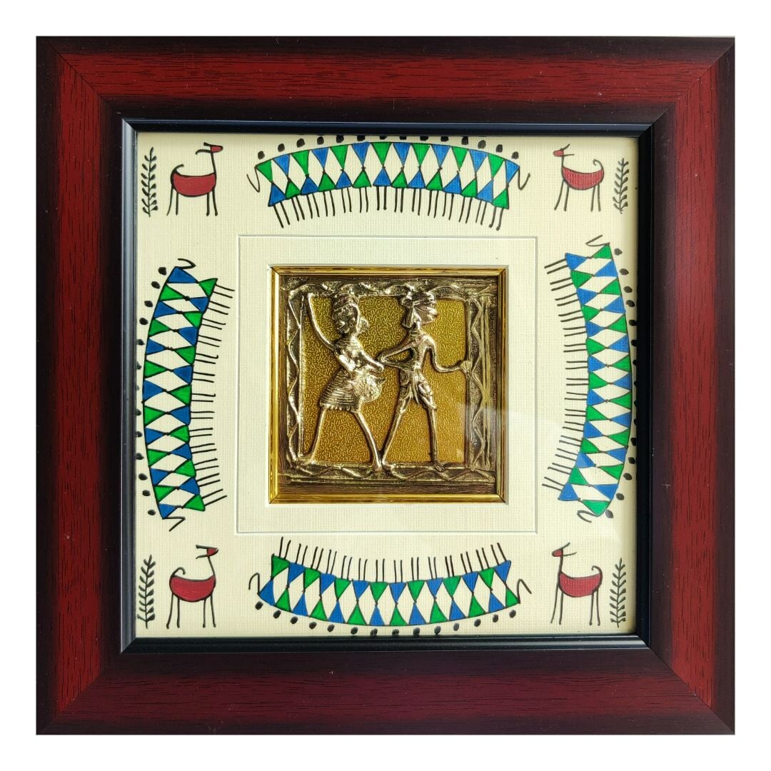 Tribal Fishermen and Tribal Dance, Hand Painted Warli Painting and Dhokra Square Pendent