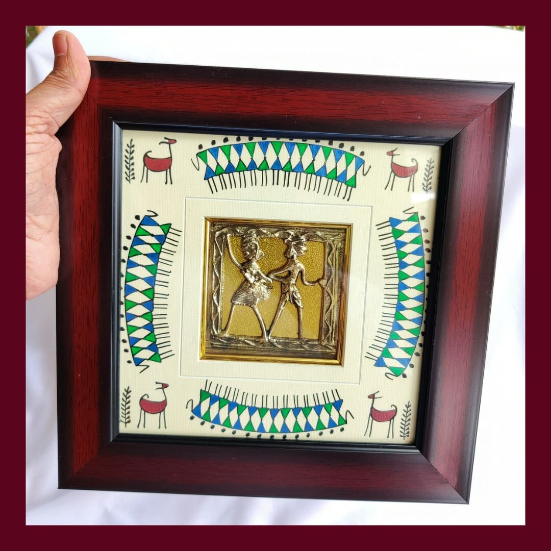 Maroon and Black Frame Tribal Figure and Animal, Hand Painted Warli Painting and Dhokra Square Pendent