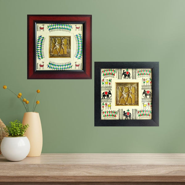 Maroon and Black Frame Tribal Figure and Animal, Hand Painted Warli Painting and Dhokra Square Pendent