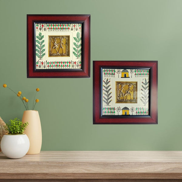 Maroon Frame Tribal Cultural Figures, Hand Painted Warli Painting and Dhokra Square Pendent