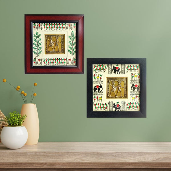 Maroon and Black Frame Tribal Culture and Animal, Hand Painted Warli Painting and Dhokra Square Pendent