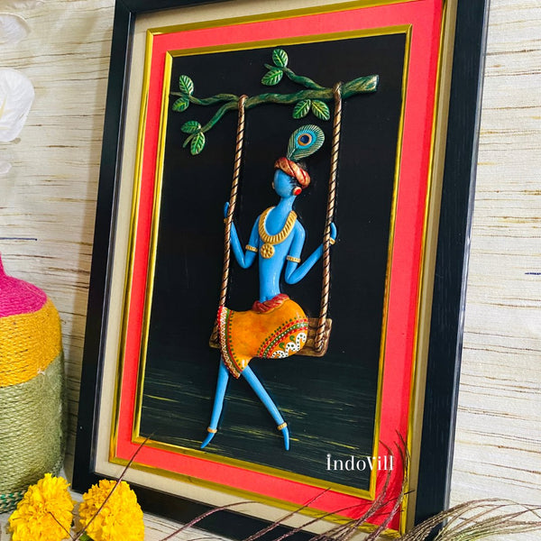 Handcrafted Krishna on swing M-Seal Art Framework