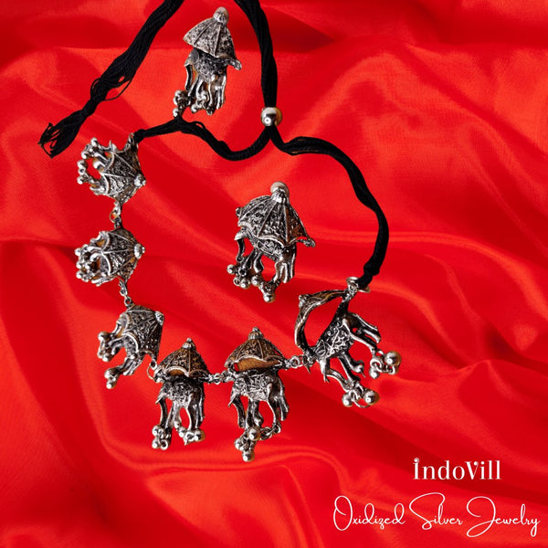 Oxidized Elephant Necklace with Earring Set
