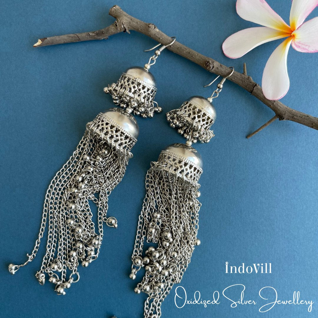 Shahnaz Long Silver Oxidized Chandbali Earrings – AryaFashions